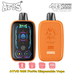 Orange ATVS disposable vape shown from the front and back, featuring a neon display on the front and a textured branded back panel.