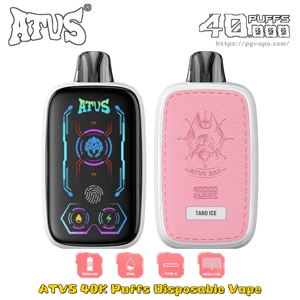 Two ATVS 40K Puffs disposable vapes; left device shows neon UI, right device has a pink leather back with TARO ICE and ATVS BAR branding.