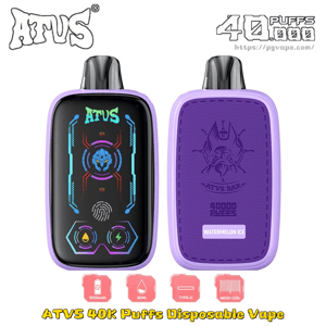 Two purple-edged ATUS disposable vapes; front shows neon futuristic UI with ATUS branding, back has embossed logo and Watermelon Ice label.