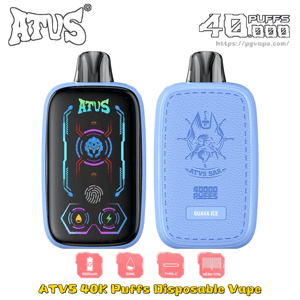 Two blue ATVS 40K Puffs disposable vapes shown from the front and back, front with neon display and back with logo and Guava Ice label.