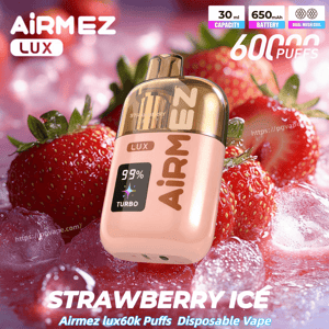 Różowy jednorazowy waporyzator ze złotą nakrętką i logo Lux, wyświetlacz przedstawiający 99% Turbo, wśród truskawek i lodu; Strawberry Ice.
