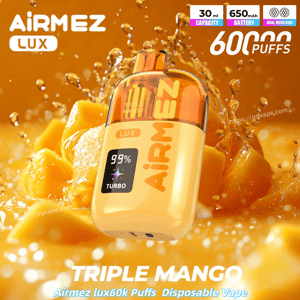 Jednorazowy waporyzator Orange Airmez Lux o smaku Triple Mango, pojemność 30 ml, bateria 650 mAh, 60 000 zaciągnięć, spray mango.