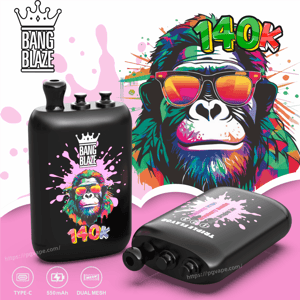Colorful gorilla wearing mirrored sunglasses with a splash background, 140K text, Bang Blaze logo, and two black vape devices