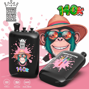 Black Bang Blaze vape devices with pink splash art and 140k label; cartoon monkey in a straw hat in the background.
