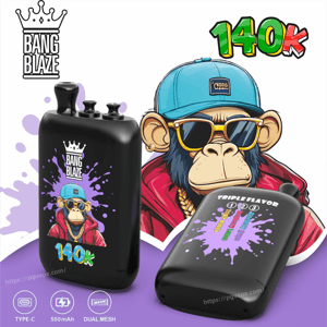 Cartoon monkey wearing a blue cap and sunglasses beside two black vape mods with purple splash designs and 140k label.