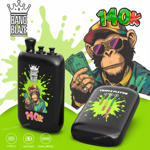 Two black Bang Blaze vapes with lime splat art; left features a cash-holding monkey and 140K, right promotes Triple Flavor.