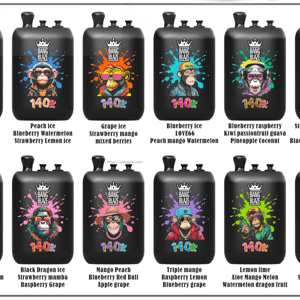 Two rows of six Bang Blaze e-liquid bottles, black with colorful animal illustrations and a 140k label, each with its flavor name shown beneath.