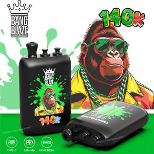 Gorilla wearing green sunglasses and a yellow jacket with a green chain, beside a black vape mod labeled 140K with lime splash graphics.
