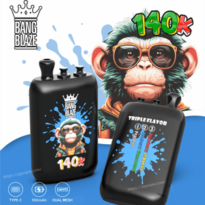 Two black Bang Blaze vape pods with blue splash graphics; one shows 140K and a cartoon monkey, the other shows Triple Flavor.