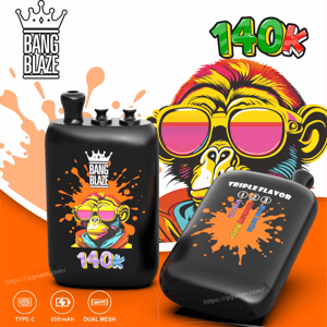 Two black Bang Blaze vape devices with orange splash art, a colorful monkey in pink sunglasses, and 140K branding.