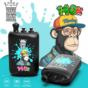 Bang Blaze vape mod with splash graphic and 140k badge, plus a cartoon monkey in shirt with blurred face on teal background