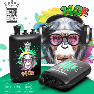 Bang Blaze 140k promo showing a black bottle-style pod and a black battery with colorful paint-splash art and a blurred central panel.