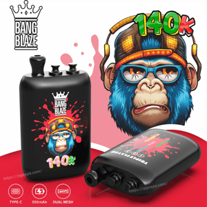 Bang Blaze 140k vape banner with a black pod battery, splash art, and headset graphic.