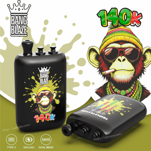 Black Bang Blaze vape device with a colorful monkey graphic and 140k label, shown in multiple angles.