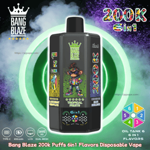 Bang Blaze 200k Puffs 6in1 disposable vape bottle with a cartoon monkey on the label, set against a bright neon green ring.