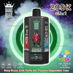 Bang Blaze disposable vape bottle with a cartoon gorilla label, 200k puffs and 6in1 flavors, shown with neon green rings.
