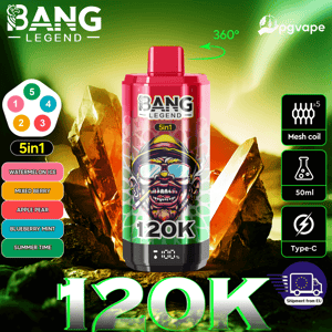Bouteille de vape Bang Legend 5 en 1 avec bouchon rose et marque 120K au milieu de cristaux; saveurs : glace à la pastèque, baies mélangées.