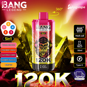 Flacon vape Bang Legend 120K 50 ml rose vif avec logo gorille et étiquette 5 en 1, cristaux jaunes en arrière-plan.
