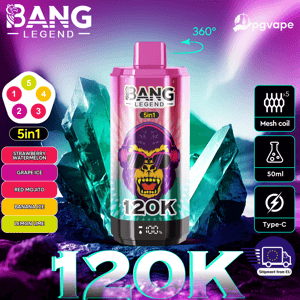 Bouteille de vape rose Bang Legend 5in1 avec des saveurs de cristaux de glace; à gauche, 50 ml, bobine de maille x5 et Type-C à droite, fond 120K.