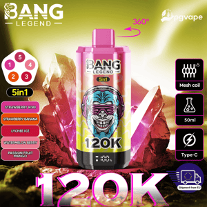 Boîte de vape Pink Bang Legend 5in1 avec un crâne au milieu de cristaux; saveurs à gauche, icônes techniques à droite, 120K en bas.