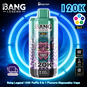 Bang Legend 120K Puffs engångsvapeburk med grön topp och lila sicksackkonstverk, 5-i-1-smaker.
