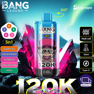 Bouteille de vape Bang Legend 5 en 1 avec bouchon rose et étiquette 120K, cristaux néon; comprend 50 ml, bobine en maille, Type-C, expédition dans l'UE.