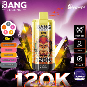 Bouteille Yellow Bang Legend centrée sur fond violet, étiquette 120K; échantillons de saveur à gauche, icônes à droite Bobine de maille, Type-C.