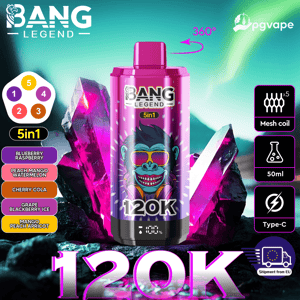 Flacon à vape 5en1 Pink Bang Legend avec un singe bleu portant des lunettes de soleil, rotation à 360°, coils en maille x5, 50 ml, Type-C.