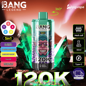 Bouteille de vape Bang Legend 5in1 120K avec 50 ml, bobine en maille et saveurs Type-C; Blueberry Raspberry et Black Dragon Ice.
