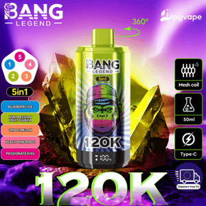 Bouteille de vape Bang Legend 120K au centre avec teinte verte, saveurs 5 en 1 répertoriées et fond de cristaux icône ; à 360°.
