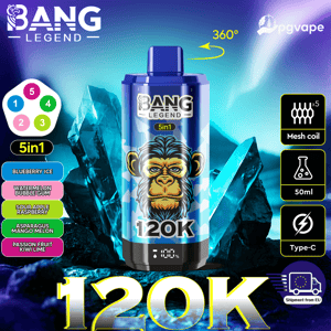 Flacon à vape Blue Bang Legend 5en1 avec une mascotte de singe, 50 ml, résistance en maille, Type-C, rotation 360°, liste de saveurs.