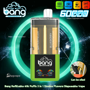 Jednorazowy waporyzator Bang z podwójnymi kapsułkami Watermelon i Blueberry Watermelon w zielonym korpusie, kontrastującym z neonowym blaskiem.