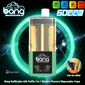 Zielony jednorazowy waporyzator z dwoma przezroczystymi wkładami oznaczonymi Blueberry Ice i Blueberry Mint, Vape z logo A Bong, 60 tys. zaciągnięć.