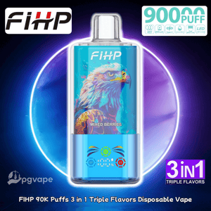 FIHP disposable vape with blue eagle artwork and Mixed Berries label; clear body, blue base, 3in1 flavors.