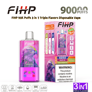 FiHP ピンク グレープ アイスの使い捨て電子タバコは、ワシのグラフィックが描かれており、ピンクのトリプル フレーバー パッケージの横に表示されています。.