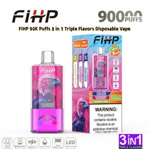 ピンクのボトルとワシのアートワークが施された FIHP 3-in-1 使い捨てベイプ; 箱入りパックには、3 つのフレーバーと 9000 パフが表示されます。.