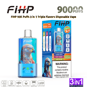 トリプルフレーバーの箱の隣にある、Fizzy Cherry とラベルされたワシのアートワークが描かれた青い FIHP 使い捨てベイプ。.