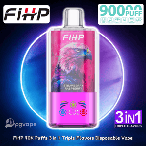 FIHP 90K Puffs disposable vape with pink panel and eagle artwork, Strawberry Raspberry flavor, 3-in-1 triple flavors.