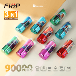 ティール、ブルー、ピンク、レッドのカラフルな FiHP 使い捨て VAPE を斜めに配置し、3 in 1 トリプル フレーバーと 9000 パフを表示