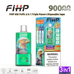 ティール色のボディとカラフルなワシのアートワークを備えた FIHP 使い捨て電子タバコ。3 in 1 トリプル フレーバーを宣伝する箱とともに表示されます。.
