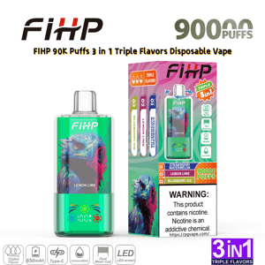 FIHP 90K Puffs 使い捨て電子タバコ; ボックスの横にカラフルな鳥のアートワークが付いた緑色のデバイスで、3-in-1 トリプル フレーバーの刻印が入っています。.