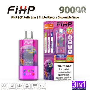 FiHP ピンク イーグルの使い捨て電子タバコは、パイナップル ココナッツ、ミックス フルーツ、レモン ピーチの 3 in 1 トリプル フレーバーが入ったボックス付きです。.