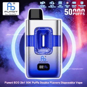 Fumot ECO 2in1 disposable vape with a silver body, blue textured grip, and a digital display showing 50K puffs.