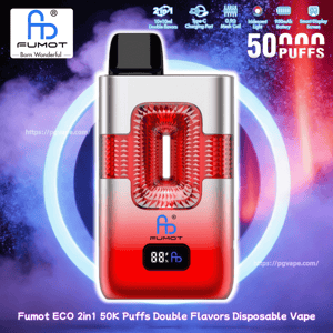 Fumot ECO 2in1 disposable vape in silver and red with a textured central design, digital display, offering 50K puffs and double flavors.