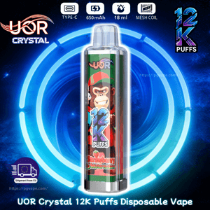 UOR Crystal 12K Puffs disposable vape with transparent pod, strawberry watermelon flavor, set against neon blue rings.