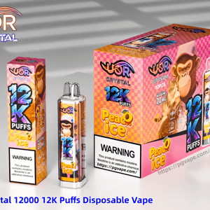 UOR Crystal Peach Ice 12K Puffs disposable vape kit, pink checkered boxes and a clear vape device.