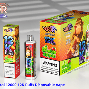 Colorful UOR Crystal 12K Puffs Double Apple disposable vape box and bottle featuring a monkey mascot and 20 mg nicotine label.