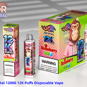 Colorful UOR Crystal Strawberry Ice disposable vape packaging showing 12K puffs, a cartoon monkey, and strawberry graphics.