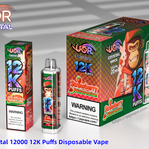 Colorful UOR Crystal 12000 12K Puffs Strawberry Watermelon disposable vape packaging and device, featuring a cartoon monkey mascot on green-pink boxes.