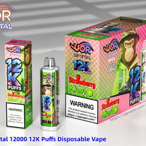 Bright packaging for UOR Crystal 12K Puffs Strawberry Kiwi disposable vape, with pink checkered boxes and a monkey image.